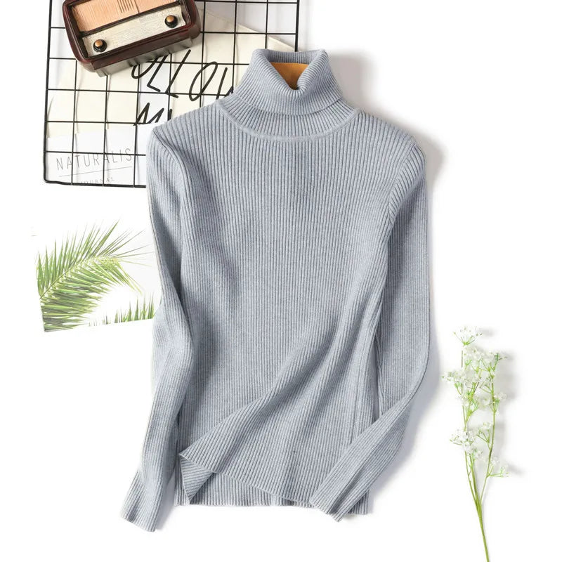 Casual Soft Polo-neck Jumper New Autumn Winter Women Knitted Turtleneck Sweater Fashion Slim Elasticity Solid Ribbed Pullovers