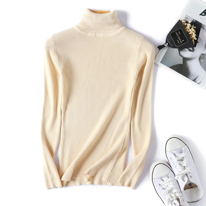 Casual Soft Polo-neck Jumper New Autumn Winter Women Knitted Turtleneck Sweater Fashion Slim Elasticity Solid Ribbed Pullovers